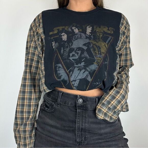 Reworked Upcycled Star Wars Grunge Long Sleeve Plaid Loose Fit Baggy Shirt - Picture 1 of 3